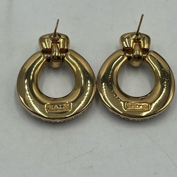 Vintage Signed SAL Swan Swarovski Crystals Gold Tone Door Knocker Dangle Earring - Picture 12 of 14